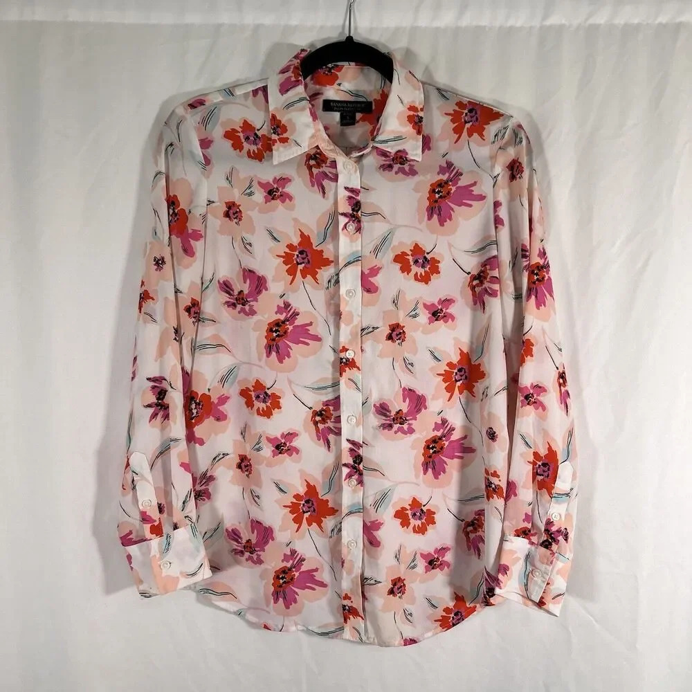 Banana Republic Blouse Women's Small Petite Pink Floral Dillon Classic Long Sl